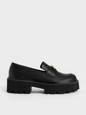 Loafers Charles And Keith Metallic Accent Χοντρός flatforms Penny μαυρα | 14730-MIQP