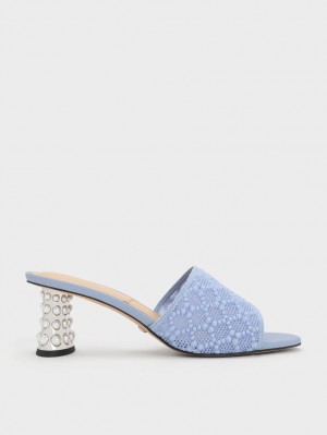 Mules Charles And Keith Beaded Heel Crochet μπλε | 96354-CZXM