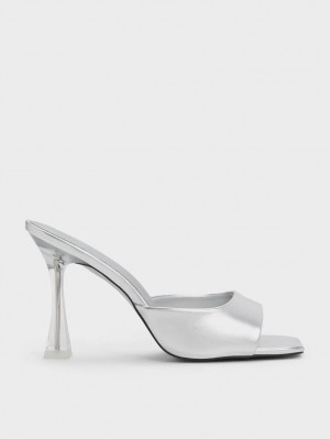 Mules Charles And Keith Clear Flared Heel Metallic ασημι | 97143-GKLH