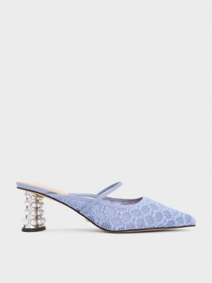 Mules Charles And Keith Crochet & δερματινα Beaded Heel μπλε | 83941-ZOJU