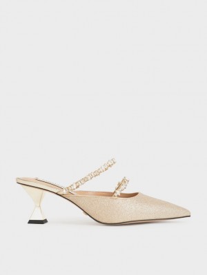 Mules Charles And Keith Gem-Encrusted Metallic Glittered χρυσο χρωμα | 94813-GWPD