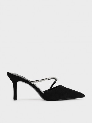 Mules Charles And Keith Gem-Encrusted Textured Stiletto μαυρα | 61987-KBYT