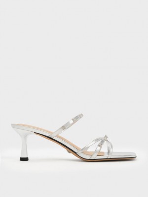 Mules Charles And Keith Square Crystal-Embellished Metallic δερματινα με τακουνι ασημι | 07485-CQGS