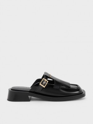 Mules Charles And Keith Studded Cut-Out Fringe μαυρα | 85321-QVTM