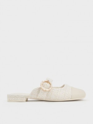 Mules Charles And Keith Tweed Pearl πόρπης Mary Jane ασπρα | 59142-QTWP