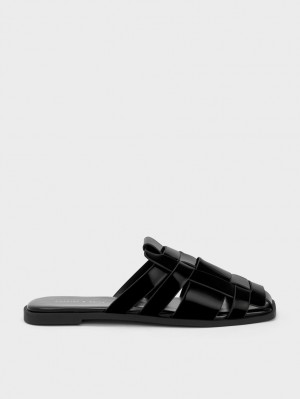 Mules Charles And Keith λουστρινι Woven φλατ μαυρα | 06951-SKPE