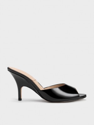 Mules Charles And Keith λουστρινι δερματινα Round-toe με τακουνι μαυρα | 08512-IDYW
