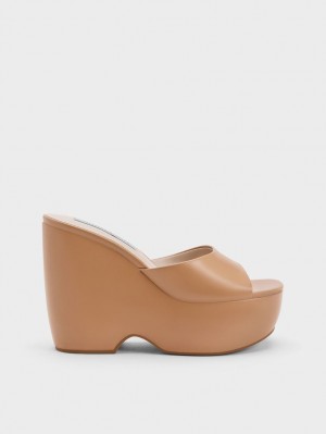 Mules Charles And Keith Χοντρός flatforms Wedge καφε | 46589-LKPG