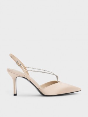 Γοβεσ Charles And Keith Adel Recycled Polyester Gem-λουρακια Slingback Μπεζ | 97405-JXIU