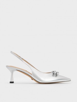 Γοβεσ Charles And Keith Bow Crystal-Embellished Metallic δερματινα Slingback ασημι | 21458-XYCF
