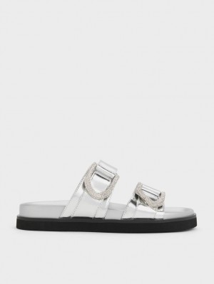 Σαγιοναρεσ Charles And Keith Gabine Crystal-Embellished Metallic δερματινα ασημι | 04578-IEOB