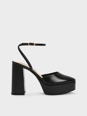 Γοβεσ Charles And Keith Jemma λουστρινι flatforms Ankle-λουρακια μαυρα | 02364-ZNIE