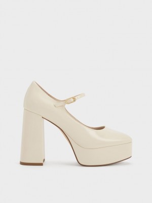 Γοβεσ Charles And Keith Jemma λουστρινι flatforms Mary Jane κρέμα | 09783-EJLG