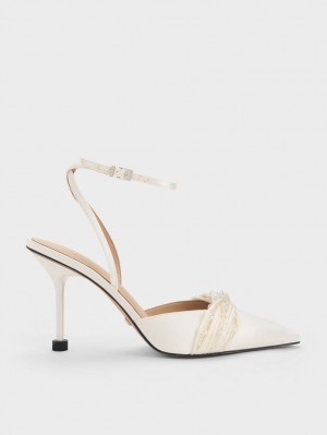 Γοβεσ Charles And Keith Leda Beaded Satin Ankle-λουρακια ασπρα | 54261-RNQG