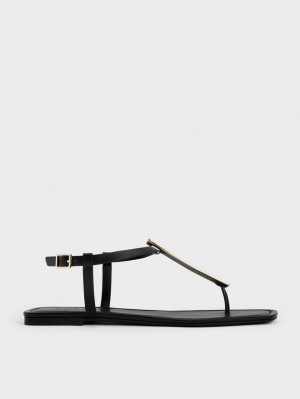 Σανδαλια Charles And Keith Metallic Accent T-Bar Στρινγκ μαυρα | 96482-YVZN