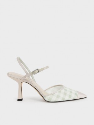 Γοβεσ Charles And Keith Satin & Check-Print Fabric Ankle-λουρακια ανοιχτο πρασινο | 97321-LVEB