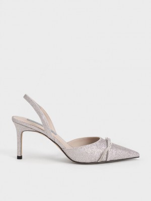 Γοβεσ Charles And Keith Twist Detail Glittered Slingback ασημι | 69308-GZMF