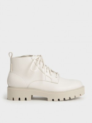 Μποτακια Charles And Keith δαντελα-Up Χοντρός ασπρα | 08397-MINX