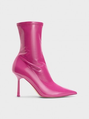 Μποτακια Charles And Keith λουστρινι Crinkle-Effect Pointed-toe Stiletto Heel φουξια | 67059-HXYG
