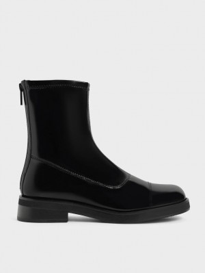 Μποτακια Charles And Keith λουστρινι Round toe Zip-Up μαυρα | 04762-DNWM