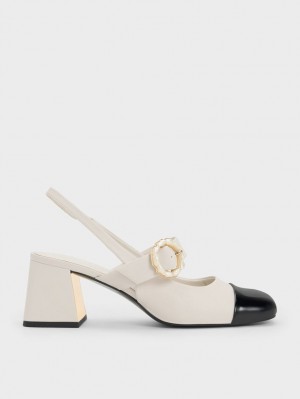 Γοβεσ Charles And Keith λουστρινι Two-Tone Pearl πόρπης Slingback ασπρα | 15904-KWDQ