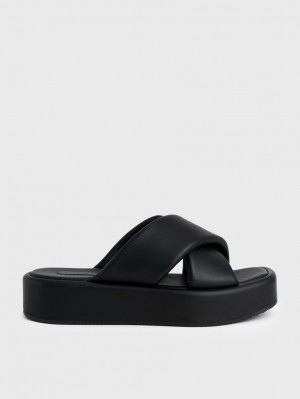 Σαγιοναρεσ Charles And Keith Με Επένδυση Crossover Flatforms μαυρα | 36805-WQPS