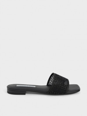 Σανδάλια Slide Charles And Keith Gem-Encrusted Mesh μαυρα | 80496-LKFW