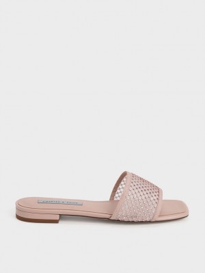 Σανδάλια Slide Charles And Keith Gem-Encrusted Mesh Μπεζ | 41062-KNAY