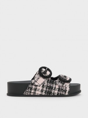 Σανδάλια Slide Charles And Keith Tweed Beaded Circle μαυρα | 05763-ERKC