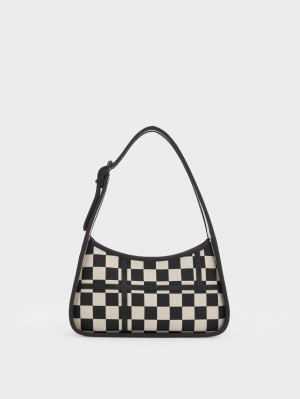 τσάντεσ ώμου Charles And Keith Avenue Checkered Trapeze μαυρα | 97856-ZMFG