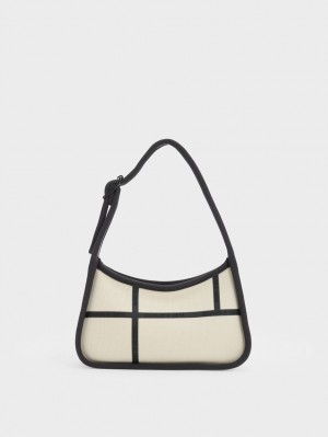 τσάντεσ ώμου Charles And Keith Avenue Contrast-Trim Trapeze κρέμα | 65748-JFHM