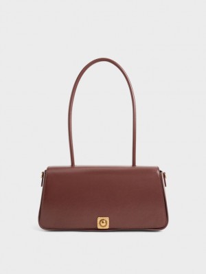 τσάντεσ ώμου Charles And Keith Avis Elongated Handle Trapeze σοκολάτα | 08372-YTID