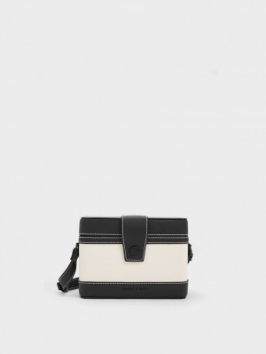 τσάντεσ χιαστί Charles And Keith Bronte Contrast-Trim Boxy μαυρα ασπρα | 70915-LQWY