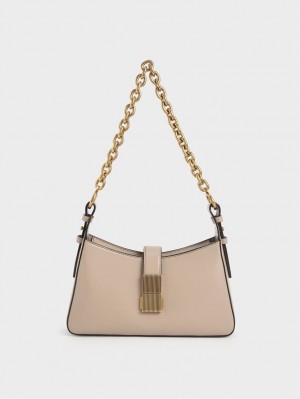 τσάντεσ ώμου Charles And Keith Chain Handle Μπεζ | 05487-XUZR