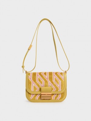 τσάντεσ ώμου Charles And Keith Charlot Jacquard Printed μουστάρδα | 56137-OEHA