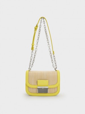 τσάντεσ ώμου Charles And Keith Charlot Raffia Chain λουρακια κίτρινα | 25789-RUAV