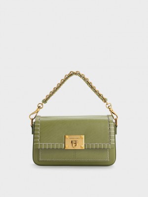 τσαντα χειροσ Charles And Keith Circe Stitch-Trim Top Ελιά | 94063-VTAW