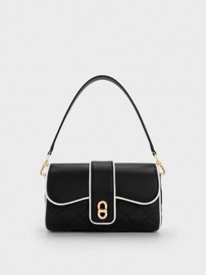 τσάντεσ χιαστί Charles And Keith Contrast-Trim Belted μαυρα | 67203-DSIA