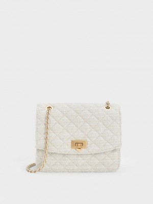 τσάντεσ ώμου Charles And Keith Cressida Tweed Chain λουρακια ασπρα | 94021-HXBJ