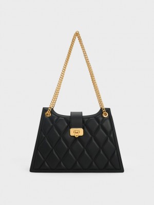 τσάντεσ ώμου Charles And Keith Cressida Καπιτονέ Trapeze Chain μαυρα | 36728-INQG