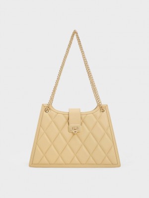 τσάντεσ ώμου Charles And Keith Cressida Καπιτονέ Trapeze Chain Μπεζ | 58312-QJDN