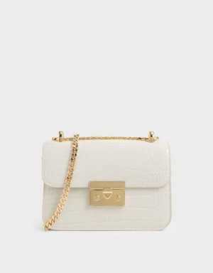 τσάντεσ χιαστί Charles And Keith Croc-Effect Chain λουρακια ασπρα | 07251-HTMZ