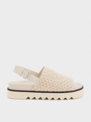 Πεδιλα Πλατφορμεσ Charles And Keith Crochet & δερματινα Slingback κρέμα | 26089-BVFJ