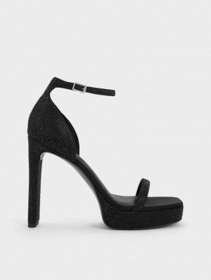 Πεδιλα Πλατφορμεσ Charles And Keith Crystal Ankle-λουρακια μαυρα | 27043-ZYBA