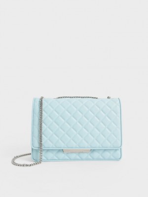 τσάντεσ ώμου Charles And Keith Double Chain Handle Καπιτονέ ανοιχτο μπλε | 36510-WFDZ