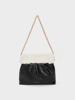 τσάντεσ ώμου Charles And Keith Duo Furry Chain Handle μαυρα | 80371-MNGZ