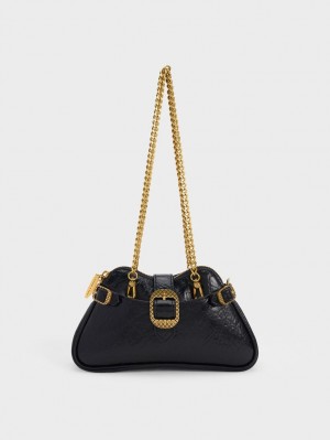 τσάντεσ ώμου Charles And Keith Eilith Chain-Handle Buckled μαυρα | 58702-QUSV