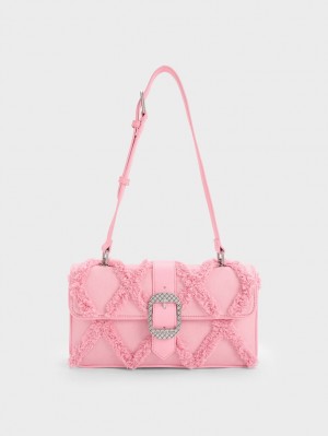 τσάντεσ ώμου Charles And Keith Eilith Frayed Denim Buckled ροζ | 97156-DQRZ