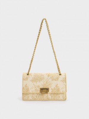 τσάντεσ ώμου Charles And Keith Floral Illustrated καμβα Μπεζ | 32197-DGCK