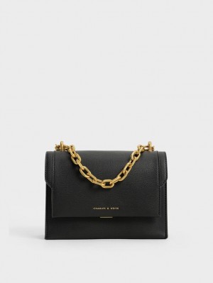 τσάντεσ χιαστί Charles And Keith Front Flap Chain Handle μαυρα | 32065-NYLJ